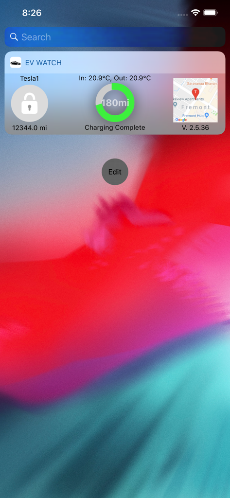 iPhone Today View Widget für EV Watch zeigt Tesla-Ladezustand, Temperatur und Standort an