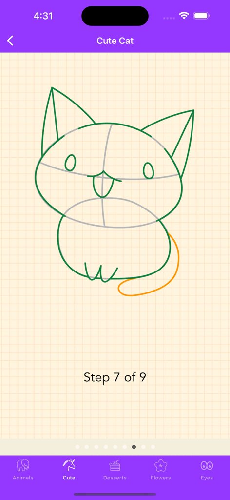 Step by step tutorial for drawing a cute cat in the How To Draw app