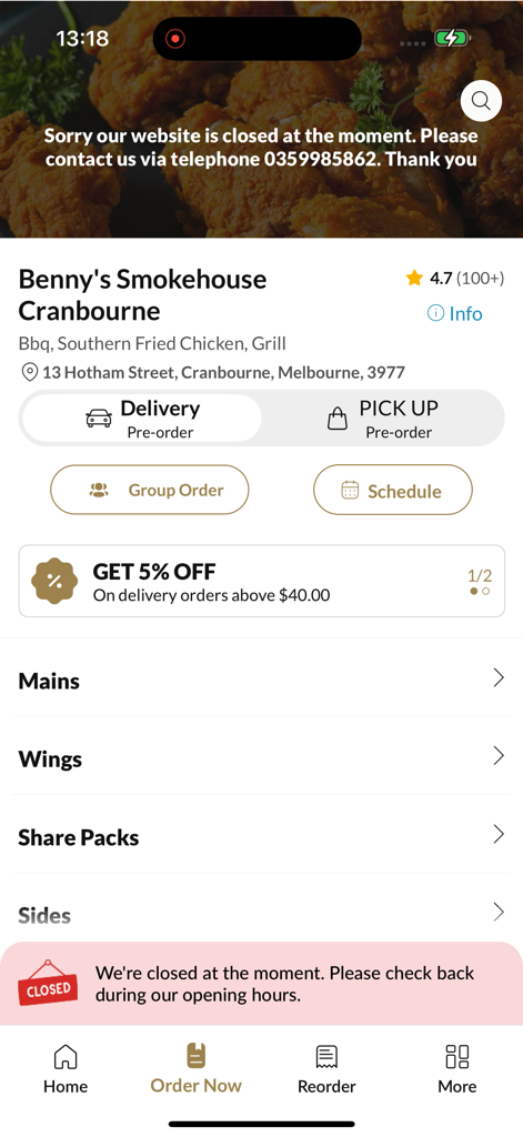 Bennys Smokehouse restaurant app home screen featuring BBQ and fried chicken menu categories with ordering options