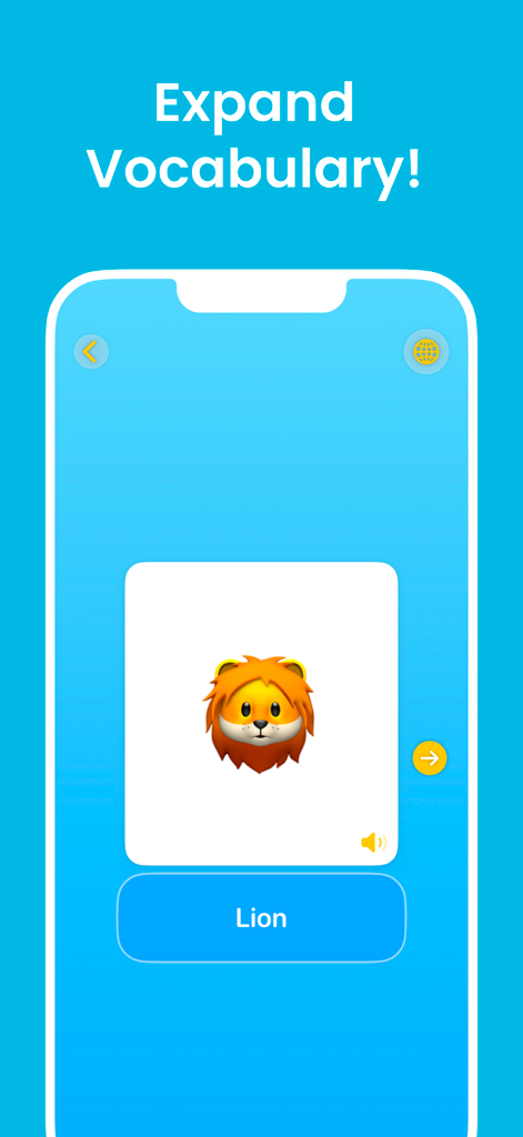 KM Animal Sounds: Learn & Play - KM Animal Sounds app screenshot showing a lion and vocabulary learning text