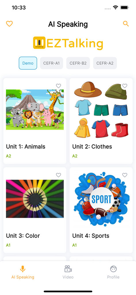 EZTalking AI English Learning - Screenshot der EZTalking App, der englische Vokabeleinheiten für Tiere, Kleidung, Farben und Sport mit CEFR-Schwierigkeitsgraden zeigt