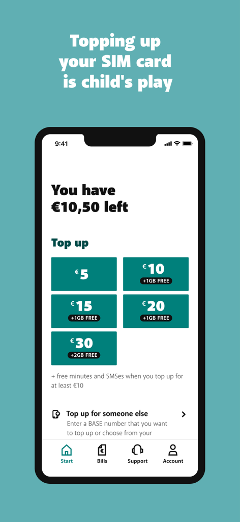 My BASE - Interface de l'application My BASE affichant les options de recharge d'une carte SIM prépayée