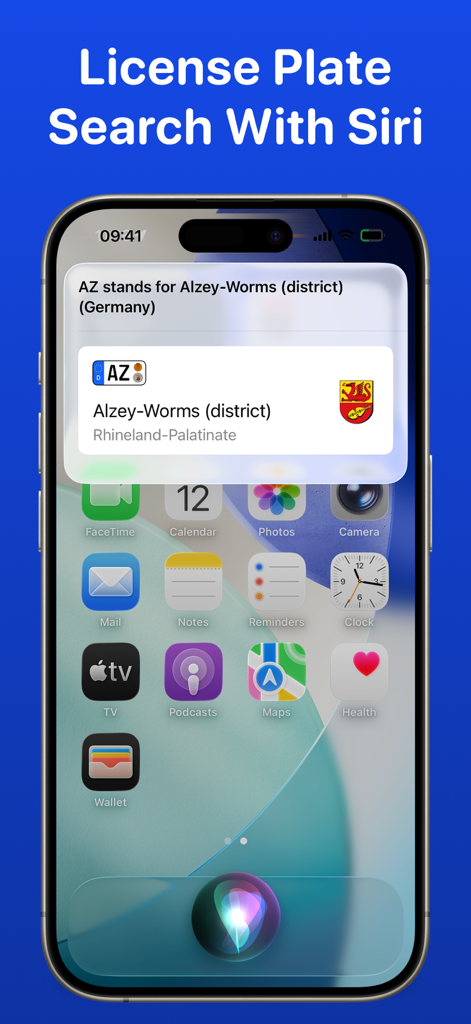 License Plate Wiki & Collect - Intégration Siri sur iPhone montrant les résultats de recherche pour une plaque d'immatriculation allemande