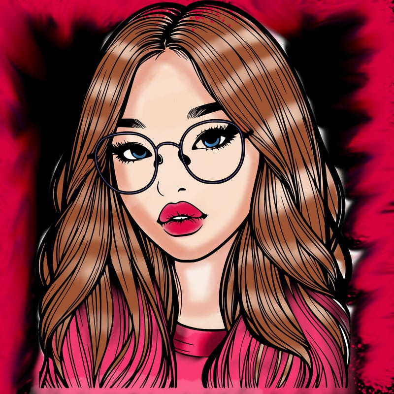 realistic korean girl with long hair, glasses and big lips