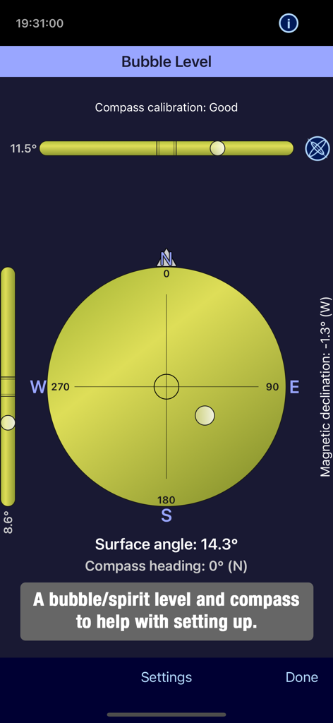 Polar Scope Align Pro - A bubble level and compass interface within the Polar Scope Align Pro app for telescope setup