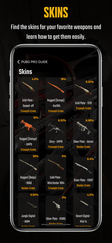 Guide & Stat for PUBG NewState - Una lista de skins de armas y sus tasas de aparición en la aplicación móvil de guía de PUBG New State.