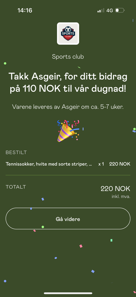 Bambusa - A thank you message on the Bambusa app following a successful contribution to a sports club fundraiser showing order details and confetti.
