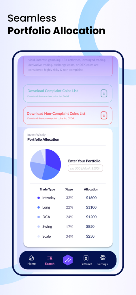 Cryptoverse Edge - Cryptoverse Edge App-Bildschirm mit Portfolio-Allokationsaufschlüsselung und Sharia-konformen Coin-Listen