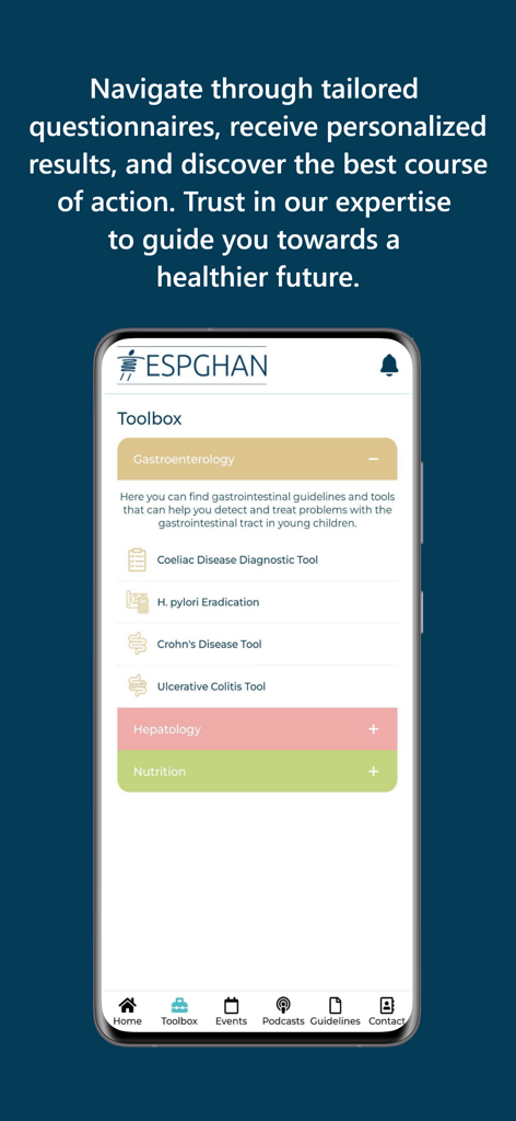 ESPGHAN mobile app toolbox featuring diagnostic tools for pediatric gastroenterology and nutrition