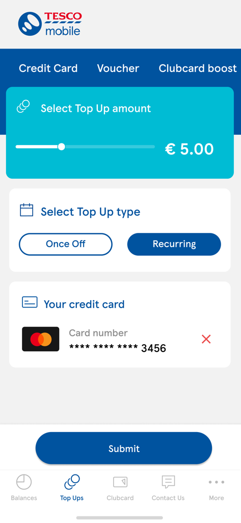My Tesco Mobile - Tela de recarga do aplicativo My Tesco Mobile mostrando pagamento com cartão de crédito e controle deslizante de valor
