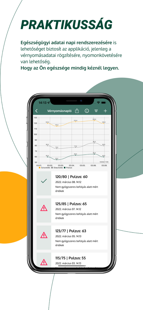 UD Mediversity - Écran de suivi de la tension artérielle de l'application UD Mediversity présentant un graphique de données et une liste d'historique.
