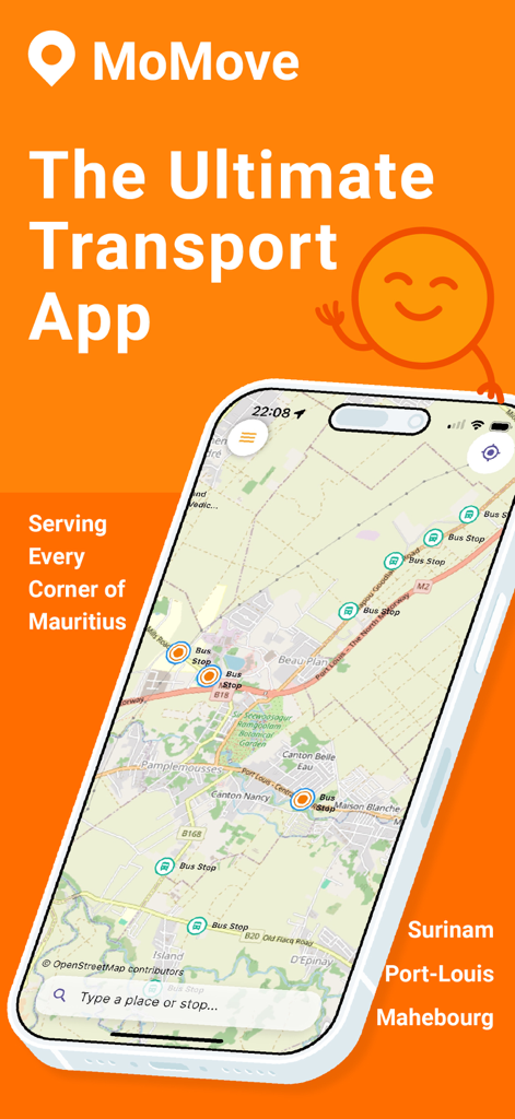 MoMove - MoMove app interface showing a map with bus stops and transit routes in Mauritius