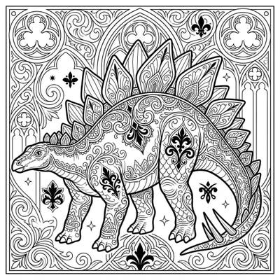 Dive into a world where prehistoric meets dramatic with this stunning Gothic Stegosaurus coloring page. This intricate design, featuring Victorian-inspired details, offers a captivating escape for adult colorists.
