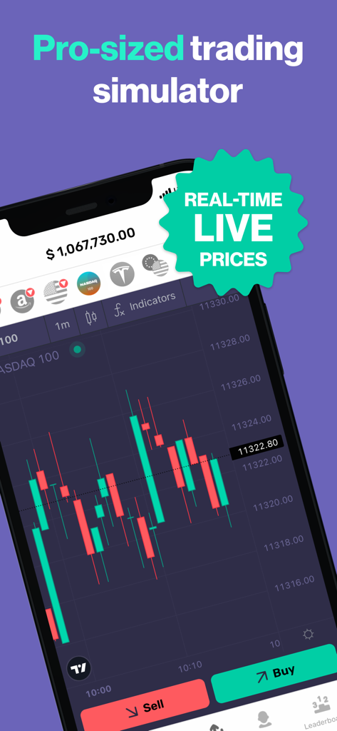 Stock Market Simulator & Game - Une interface de simulateur de bourse de taille professionnelle montrant un graphique en chandeliers avec les prix du marché en temps réel et des boutons d'achat et de vente.