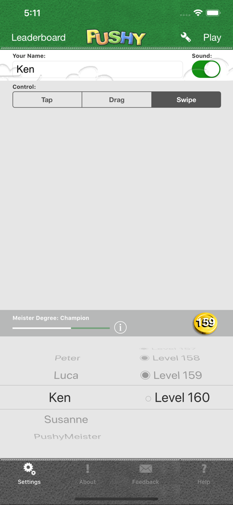 PUSHY - The Original - Einstellungsbildschirm des Pushy-Spiels, der die Auswahl von Spielerprofilen und Steuerungsoptionen wie Tippen, Ziehen und Wischen zeigt