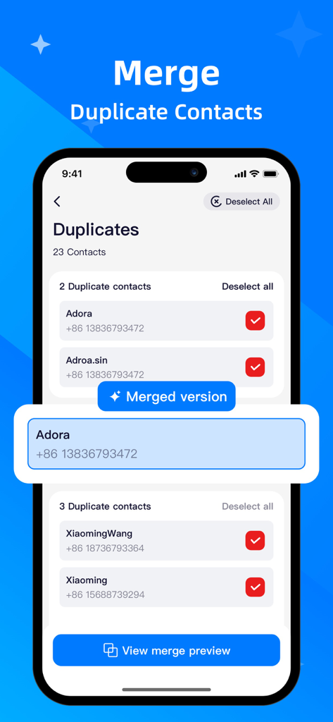 Clean Now：Clean Up Storage - iPhoneアドレス帳の整理のための重複連絡先マージ機能を表示するClean Nowアプリのインターフェース