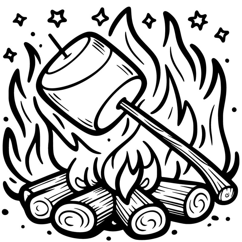 a marshmallow on a stick over a fire coloring page