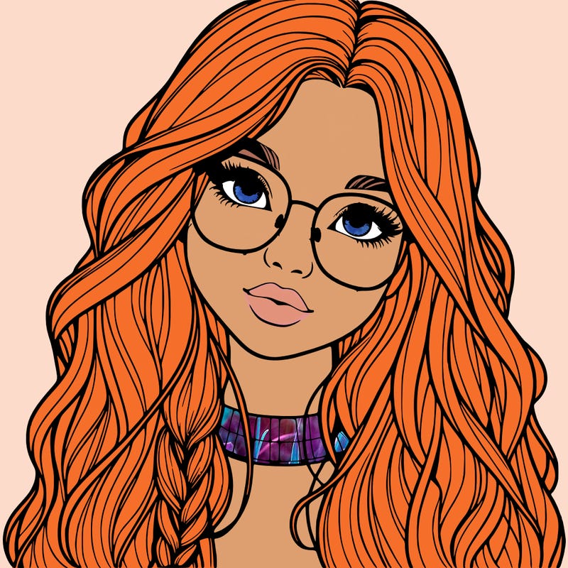 girl with long hair and freckles and glasses realistic
