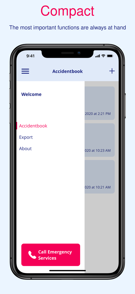 Accident book - Accident book mobile app showing navigation menu and emergency services button