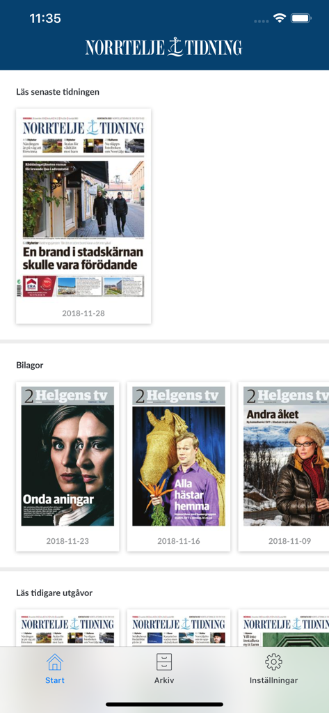 Norrtelje Tidning e-paper app home screen displaying the latest newspaper editions and supplements