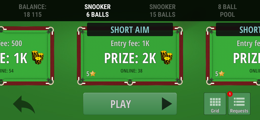 Menú de Snooker Pro Online que muestra la selección de modo de juego para billar de 6 bolas con tarifa de entrada y detalles del premio