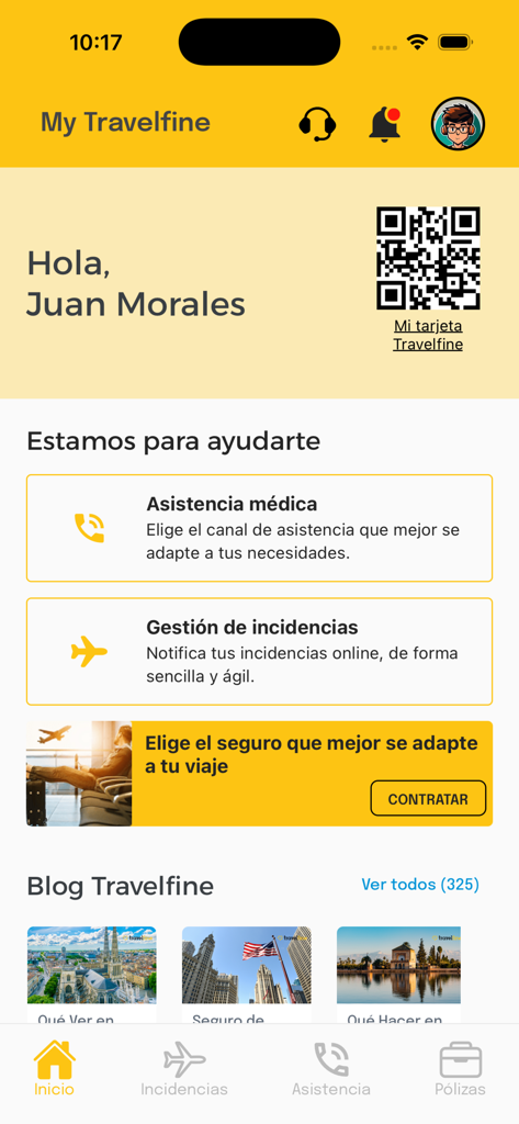 Travelfine - Travelfine mobile app interface showing user dashboard with medical assistance and incident management options