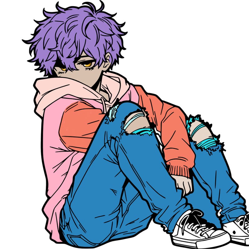 a male hoddie ripped jeans messy hair anime