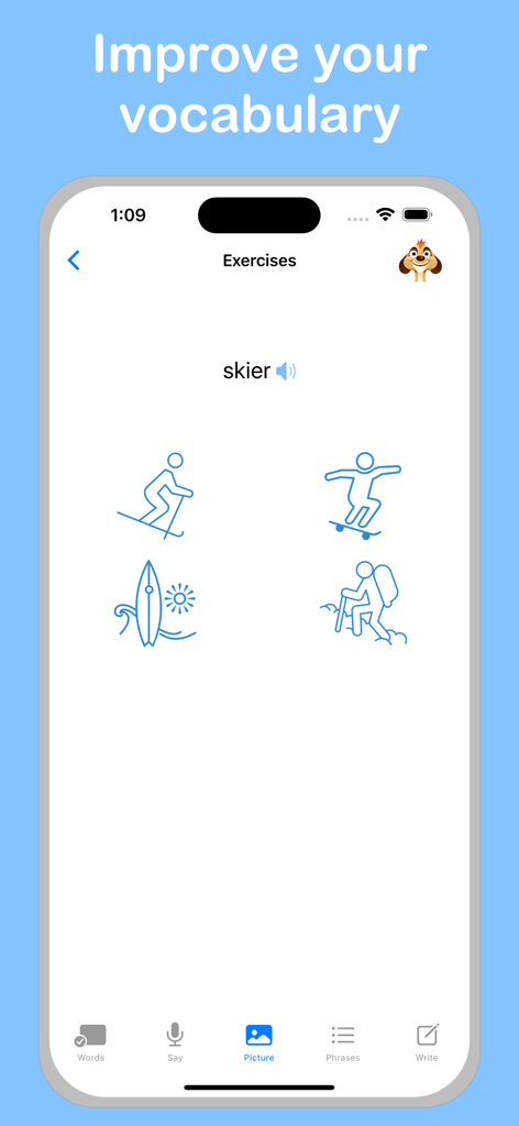 Interactive vocabulary exercise in the Learn French Plus app matching words to pictures