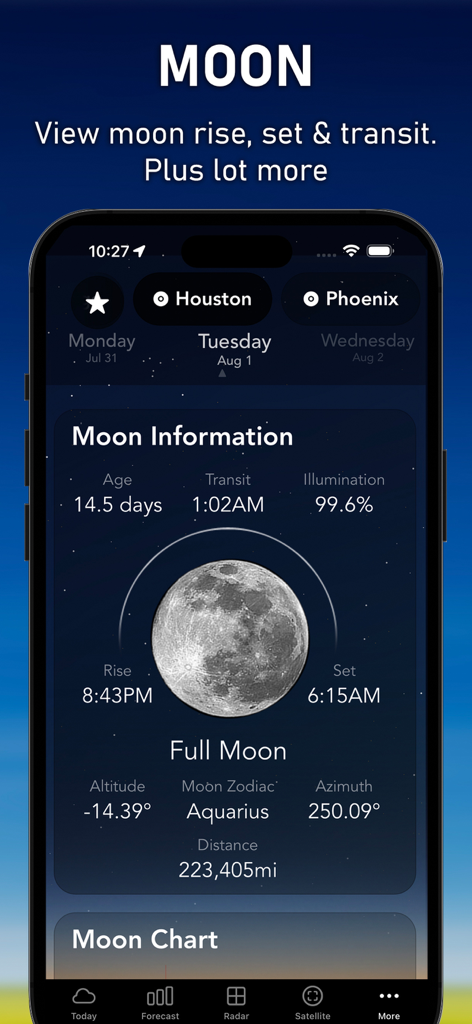 AIM Weather - Moon phase information screen in AIM Weather app showing rise and set times and illumination percentage