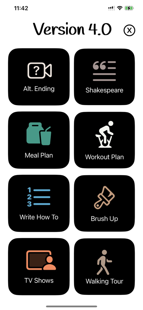 Write For Me app interface displaying writing and planning options like Shakespeare and Workout Plan