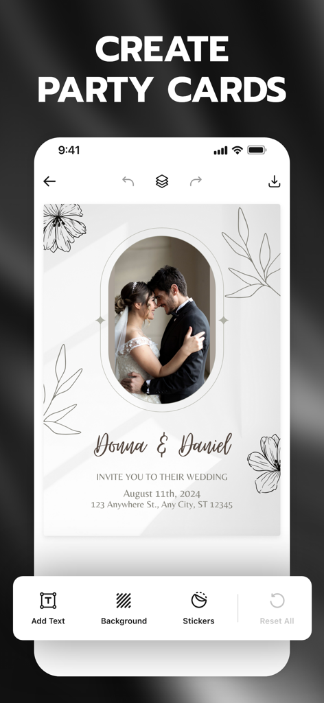 Invitation Maker + RSVP - Uma interface móvel mostrando a criação de um convite de casamento com foto do casal e texto personalizável