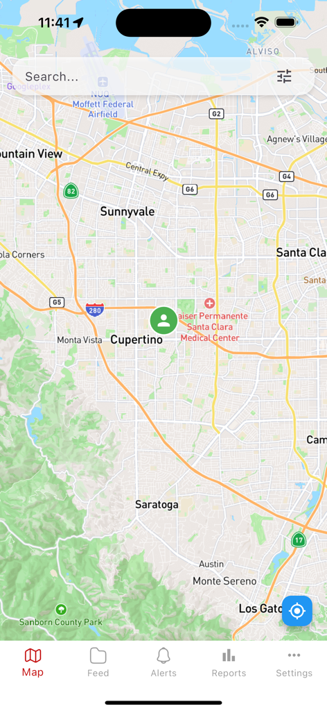 Situational Awareness Mobile - Map view of the Situational Awareness Mobile app showing a user location in Cupertino California