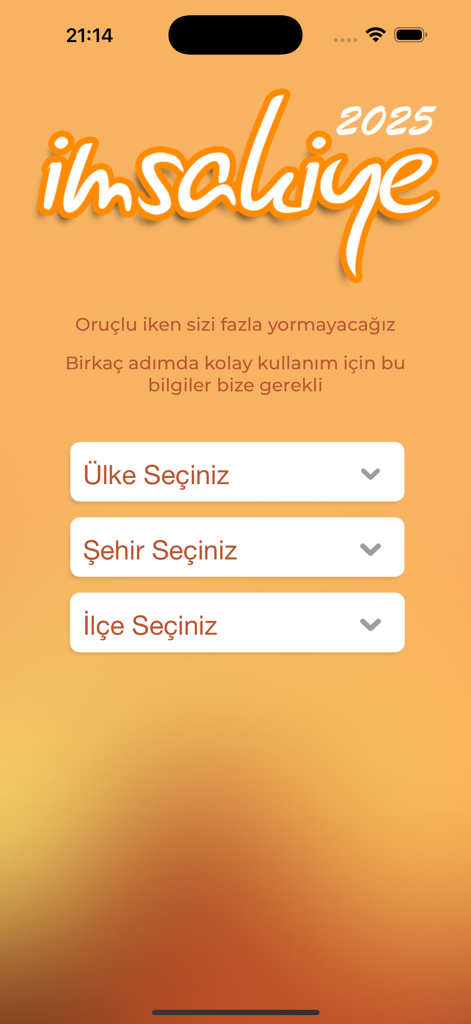 İmsakiye - 2026 - Imsakiye 2026 app location selection screen with dropdowns for country city and district