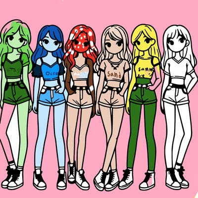 a group of girls wearing crop tops and shorts