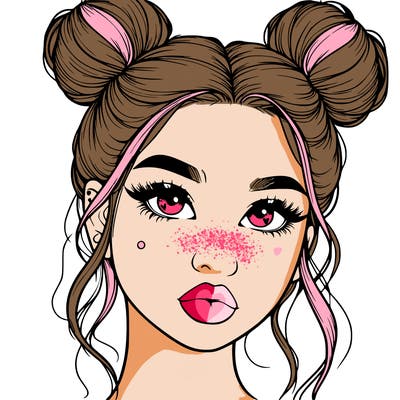 realistic girl with two buns on her hair and lips