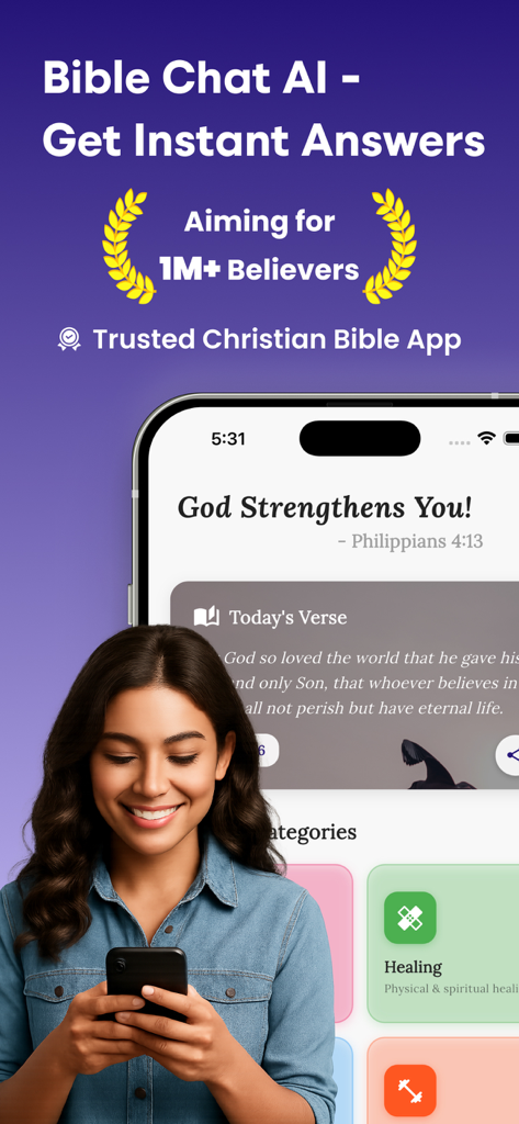 BibleHi: Bible Chat & Prayer - Una mujer joven usando la aplicación BibleHi en su teléfono mostrando el versículo diario y las categorías de oración.