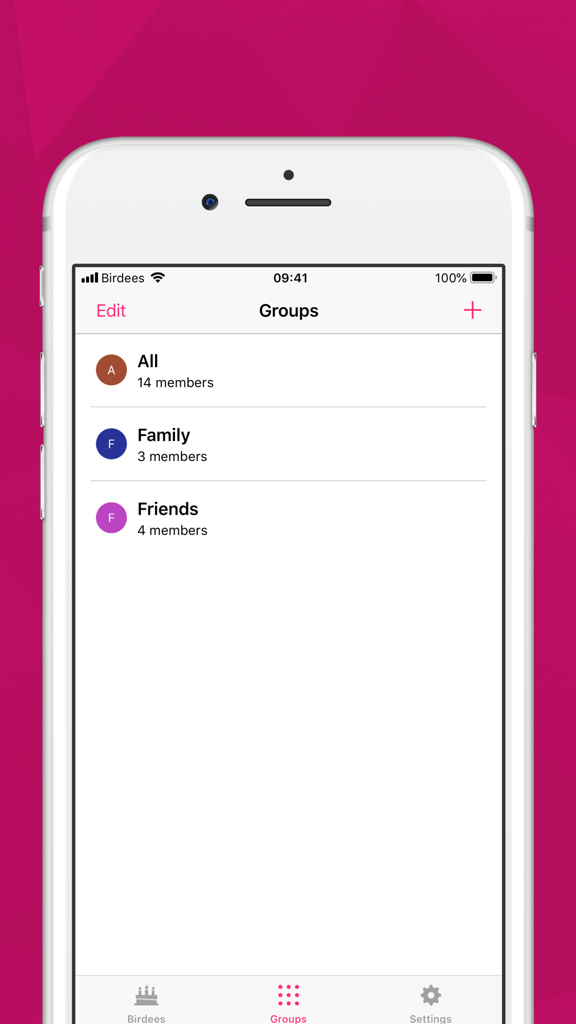 Birdees - Birthday Reminder - A screenshot of the Birdees app groups screen showing categories for family and friends birthday reminders