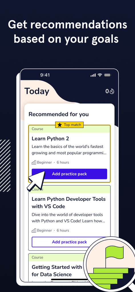 Codecademy Go - Codecademy Go app screen displaying personalized coding course recommendations for Python and data science