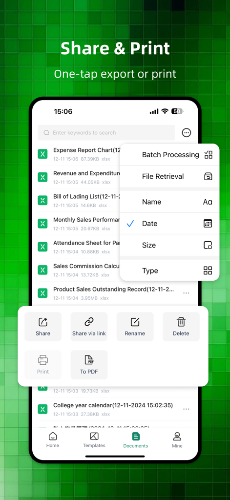 Spreadsheets Editor-Sheet View - Spreadsheet Editor app screen showing options for sharing, printing, and exporting files to PDF.