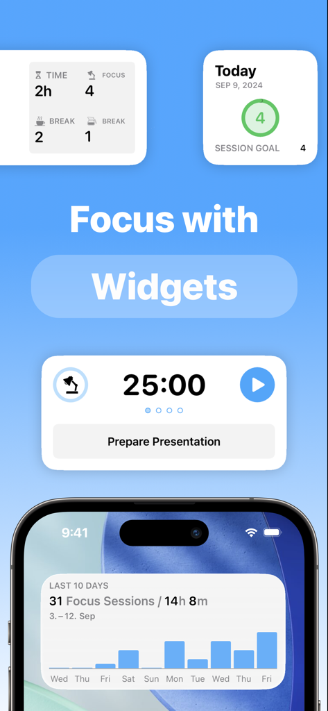 Focus - Timer for Productivity - Focus productivity timer app showcasing various iOS home screen widgets for tracking focus sessions and goals