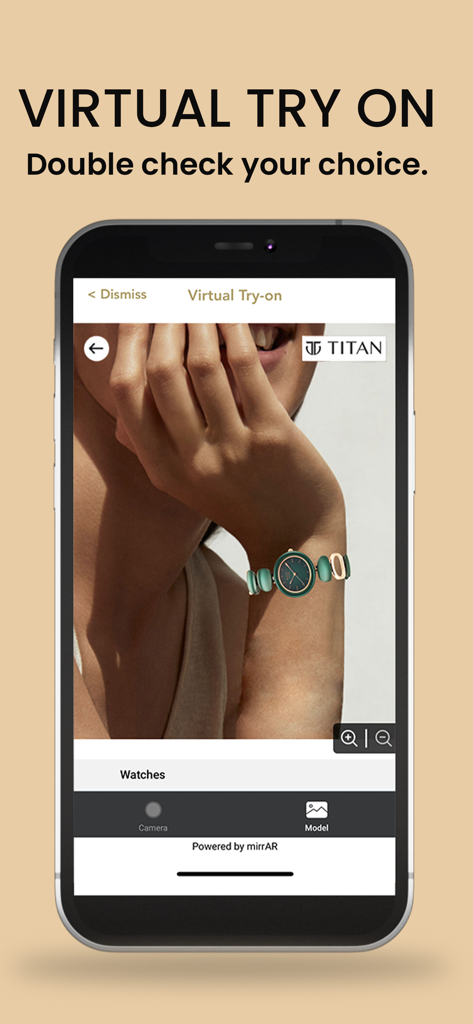 Titan World - Titan World app virtual try-on feature showing an augmented reality watch on a wrist