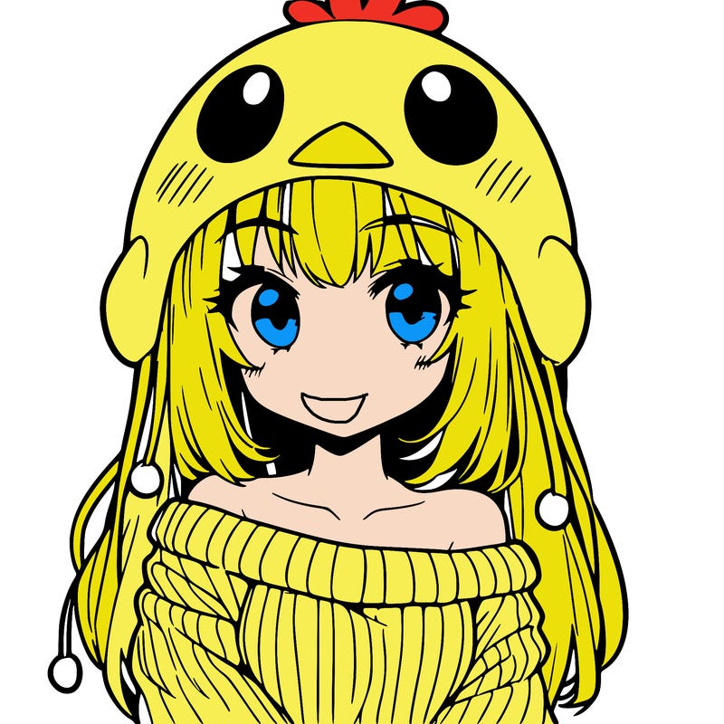 anime girl with chick shaped hat with sweater with bare shoulders with bangs covering them one eye with low tail