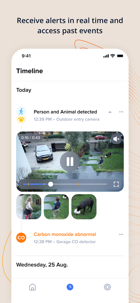 Zeitleistenansicht der Home and Security App mit Videoereignissen und Sicherheitswarnungen.