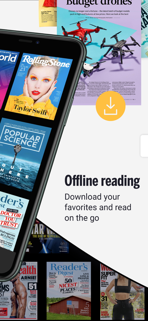 Readly - Unlimited Magazines - A smartphone screen displaying the Readly app with various magazine covers and a highlight on the offline reading feature.