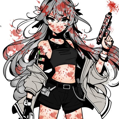 bad girl wearing crop top holding a gun long hair anime