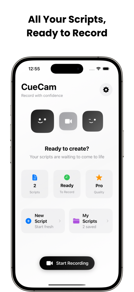 CueCam app home screen showing options to manage scripts and start recording video.