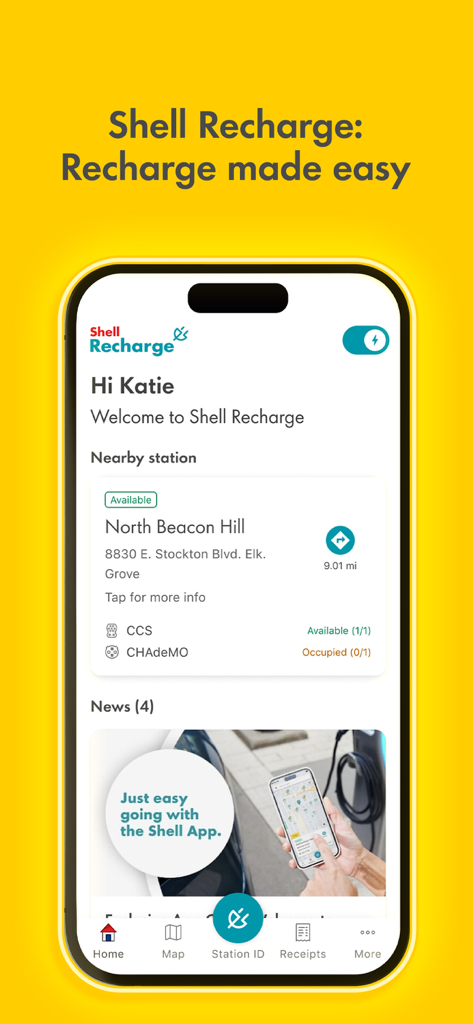Shell: Fuel, Charge & More - Shell Recharge app screen showing nearby EV charging station location and connector availability