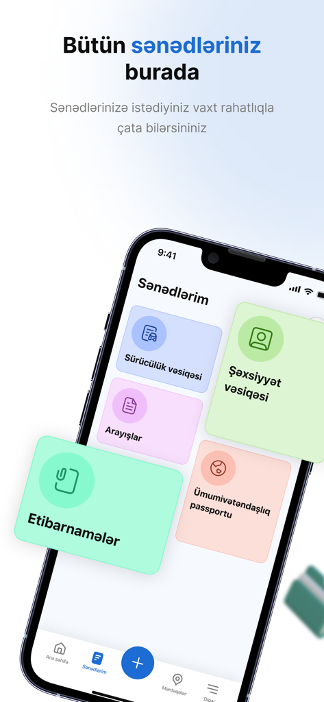 E-polis - E-polis mobile app interface showing digital documents including driver's license and identification card in Azerbaijani language.