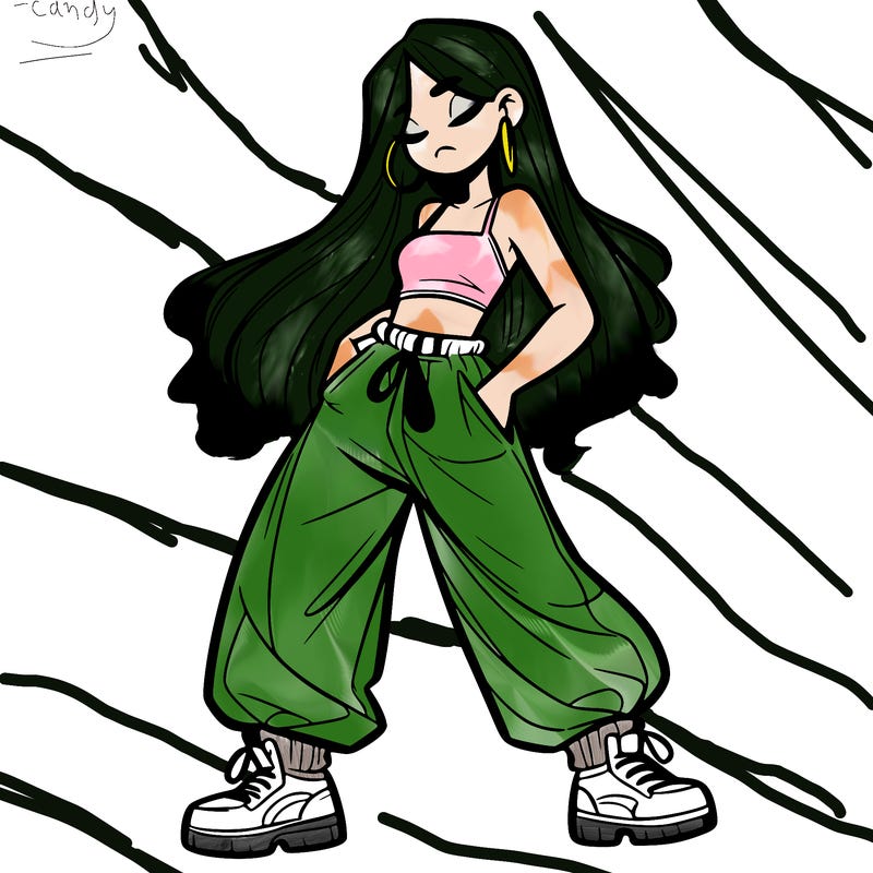 girl in baggy pants crop top and long hair