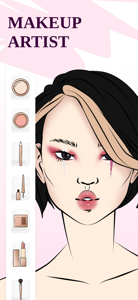 MakeUp Artist Pocket Studio - Un face chart digitale con creativi design di trucco e una barra laterale di strumenti di bellezza virtuali.
